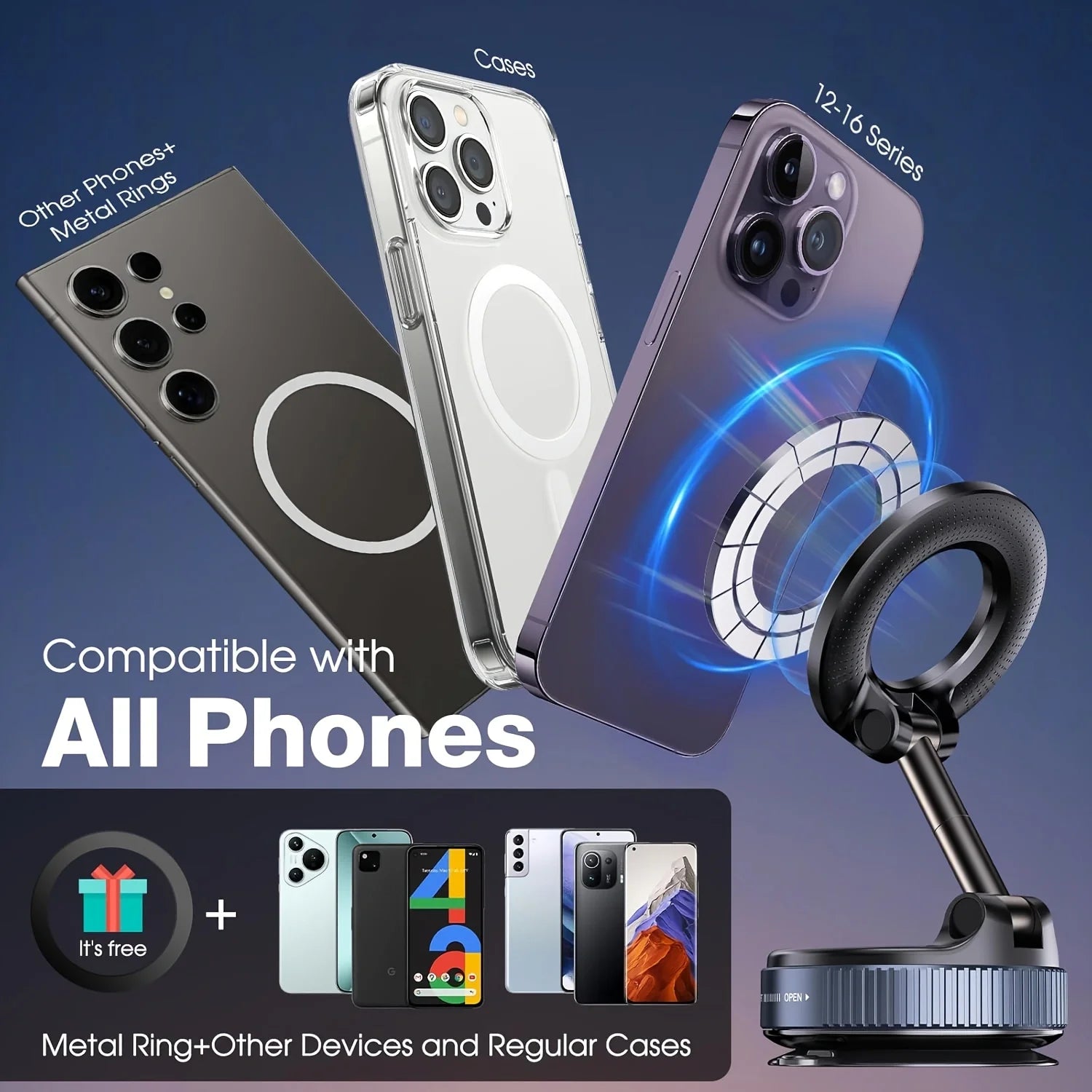 Super Strong N52 Magnetic Phone Holder, Upgraded ABS, 360° Rotatable and Foldable Design, with a Vacuum Suction Cup - Perfect Fo